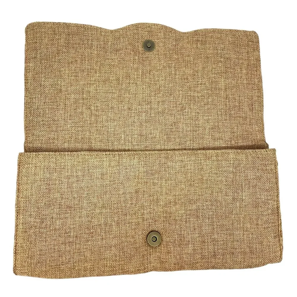 Chico’s Burlap Envelope Clutch Handbag With Beaded Front Detail Boho Preowned
